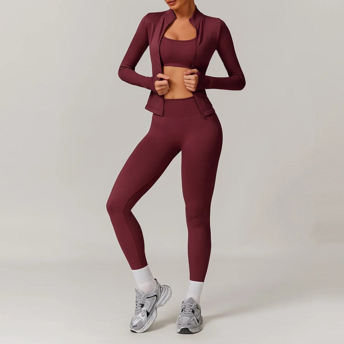 Women's Gym Clothing Set Active Wear 3 Pieces Yoga Jackets Workout Leggings Sports Bras Top Sportswear Gym Fitness Yoga Set